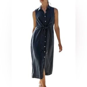 J.Jill Love Linen Navy Sleeveless‎ Button Front Midi Dress with Tie Belt M Comfy